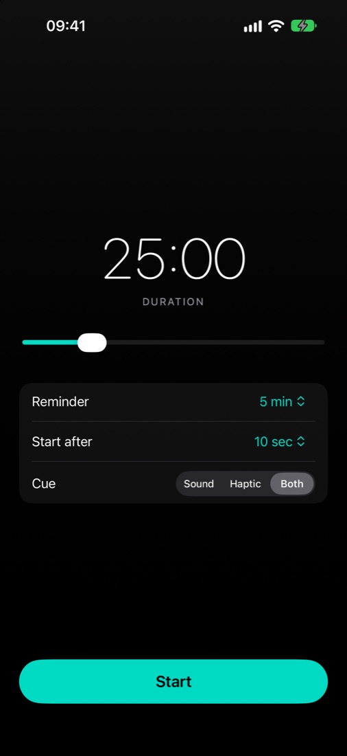 Setting a 25 minute session with a 5 minute reminder